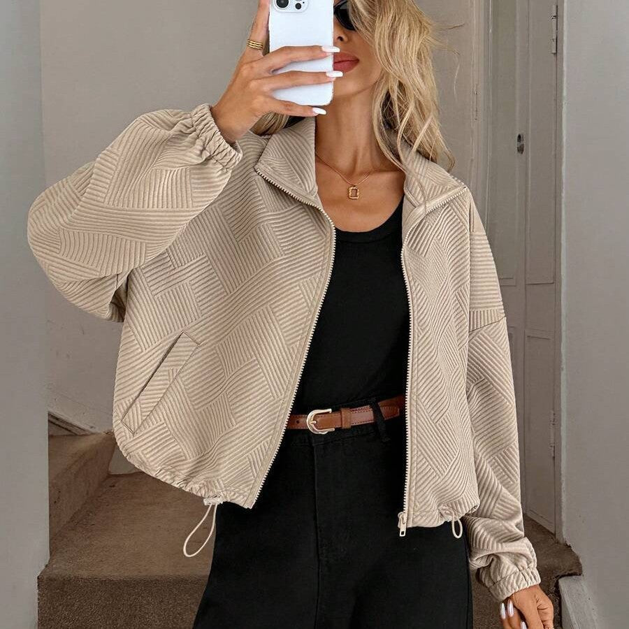 High Neck Zip-Up Drawstring Pocket Jacket