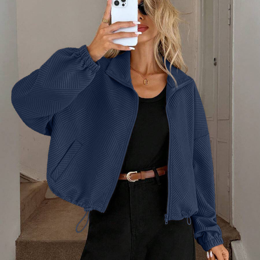 High Neck Zip-Up Drawstring Pocket Jacket