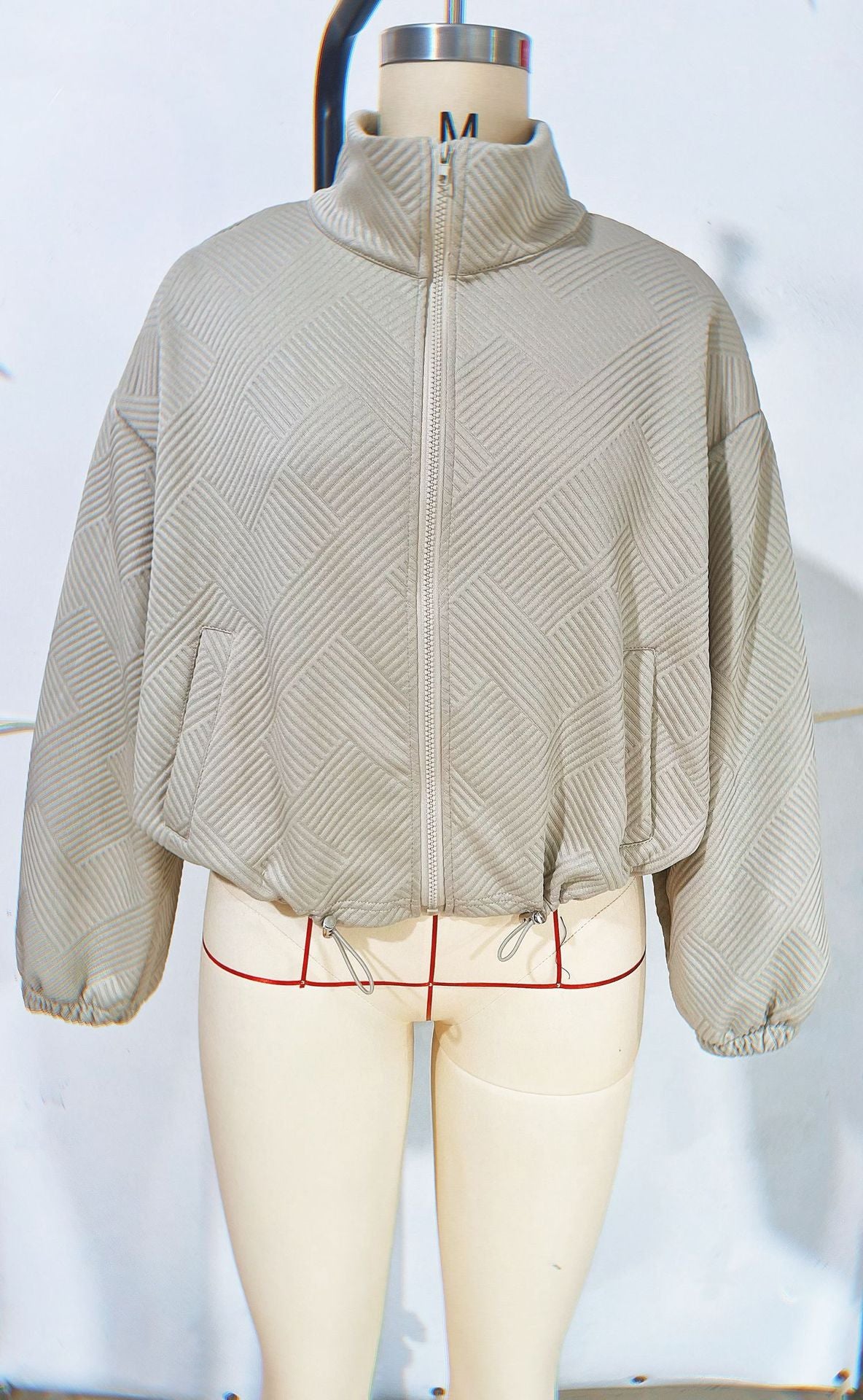 High Neck Zip-Up Drawstring Pocket Jacket
