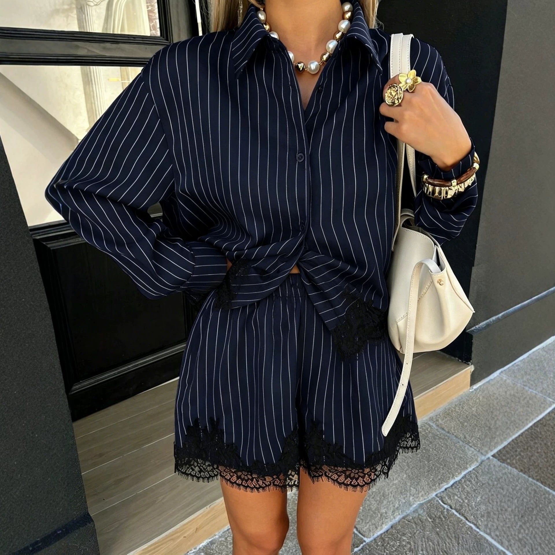 Striped Shirt & Drawstring Shorts Set