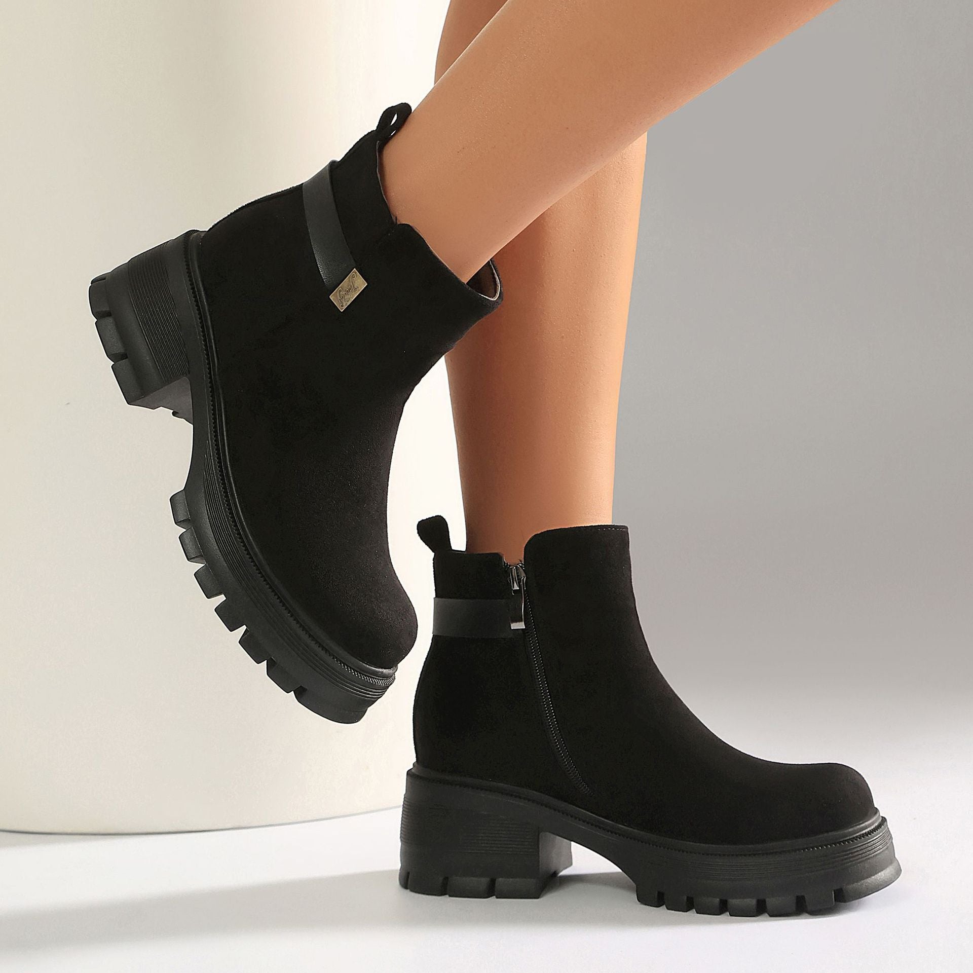 Suede Side Zipper Chunky Heel Ankle Boots (Large Sizes)