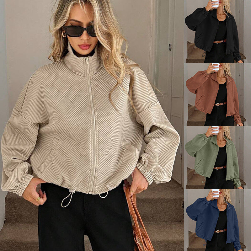High Neck Zip-Up Drawstring Pocket Jacket