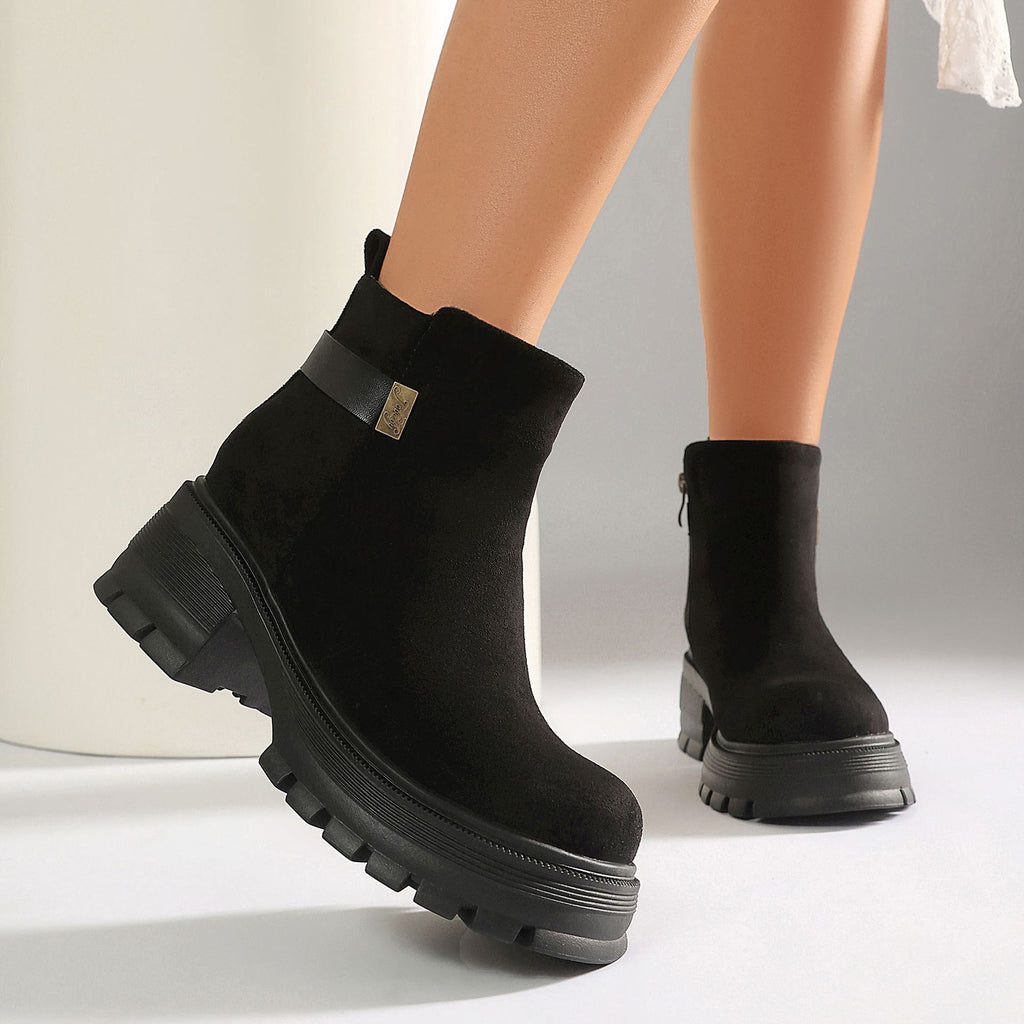 Suede Side Zipper Chunky Heel Ankle Boots (Large Sizes)
