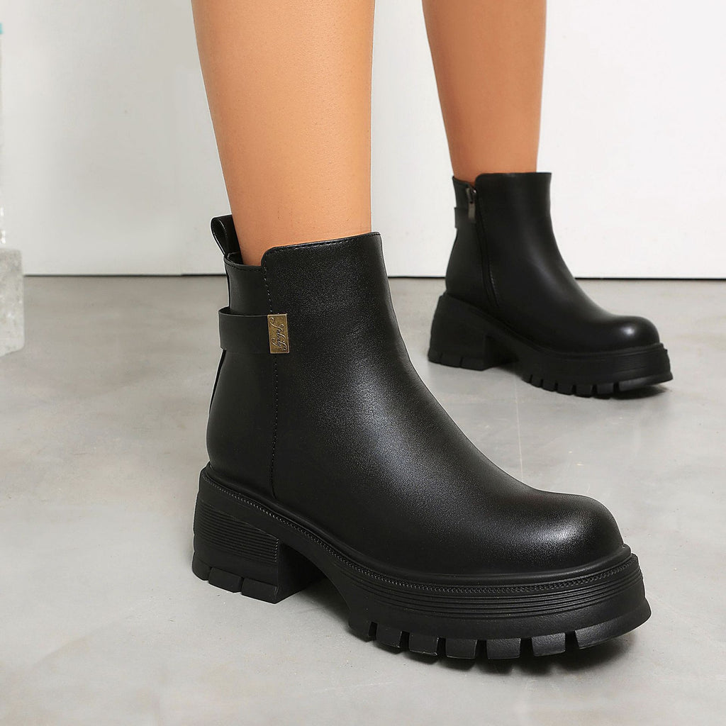 Suede Side Zipper Chunky Heel Ankle Boots (Large Sizes)