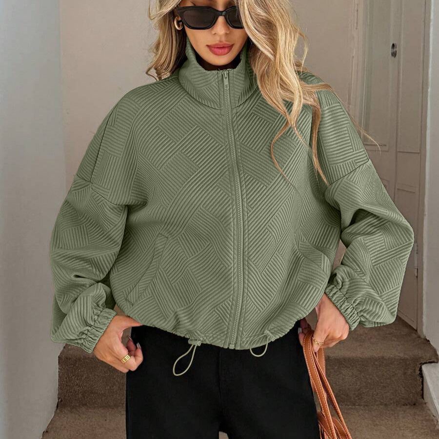 High Neck Zip-Up Drawstring Pocket Jacket