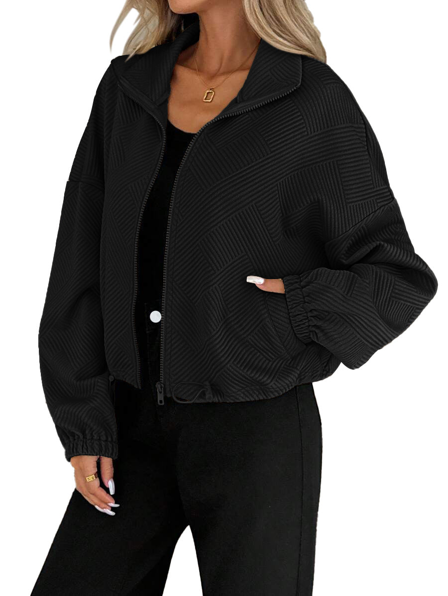 High Neck Zip-Up Drawstring Pocket Jacket