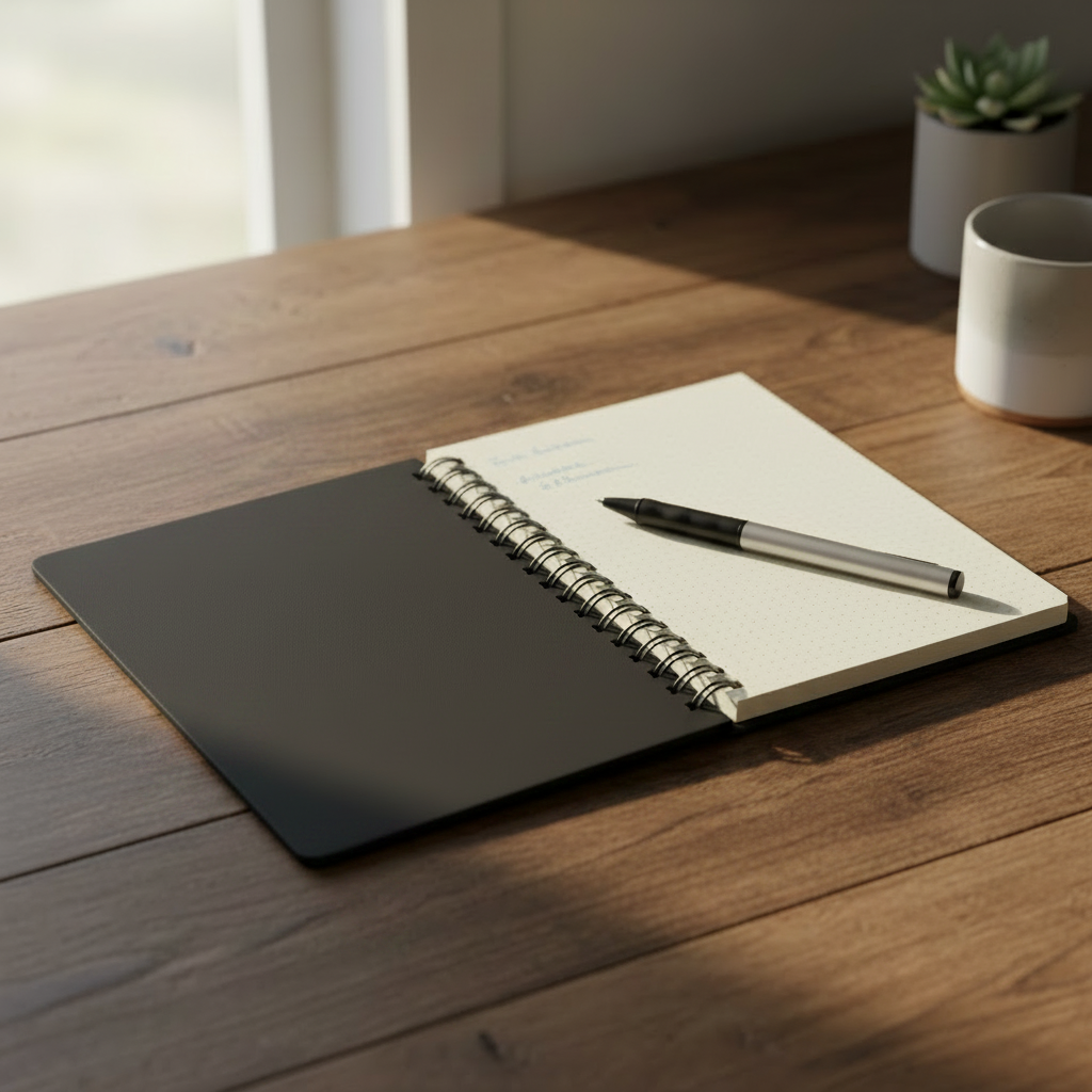 Spiral Notebook Black Cover on Desk